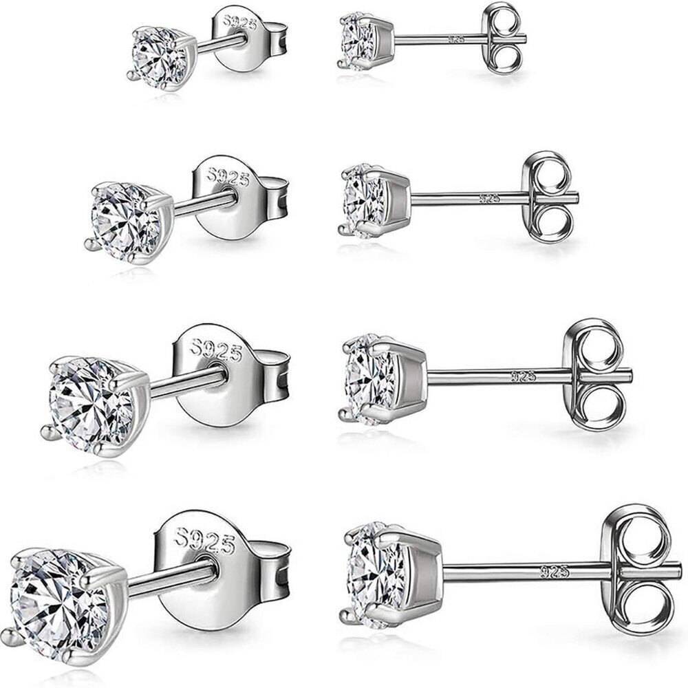 925 Silver Stud Earrings Set White Gold Plated Hypoallergenic Cubic Zirconia